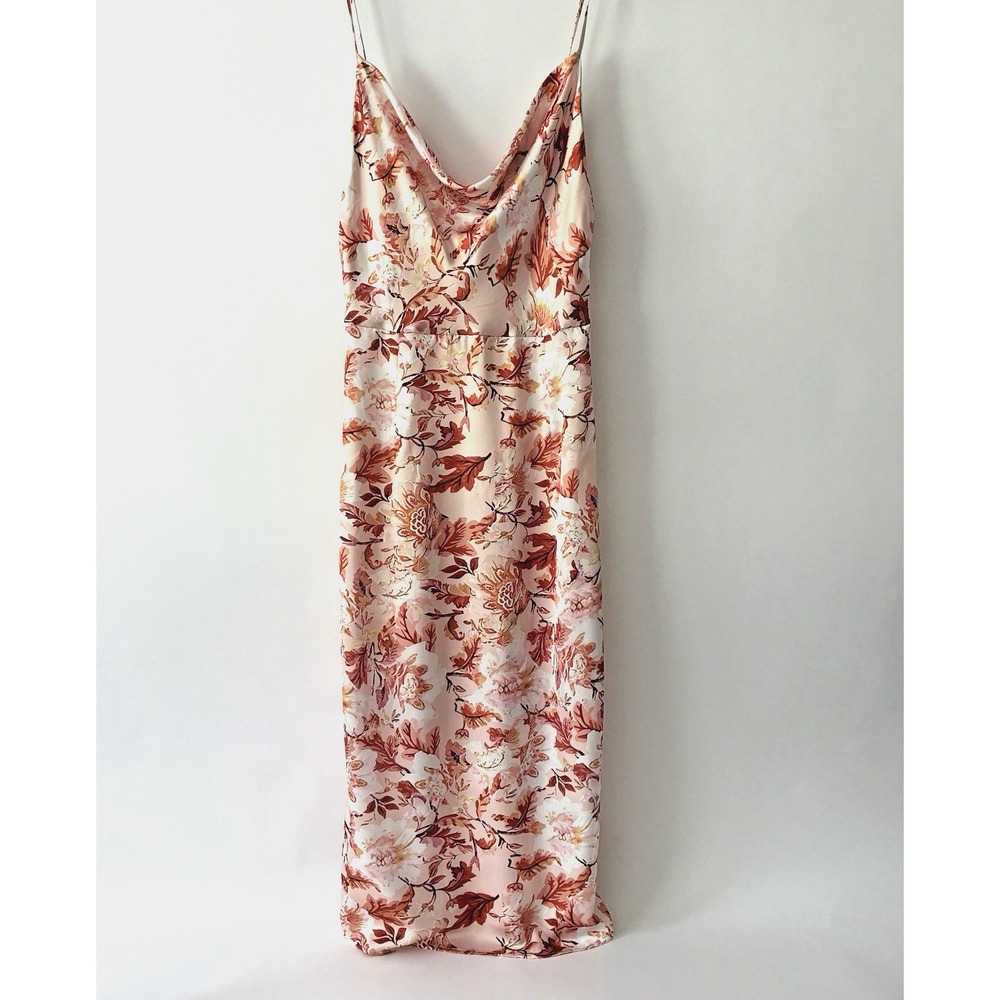 Satin Cowl Neck Slip Dress Size S Autumn Rust Floral Adjustable Straps Romantic